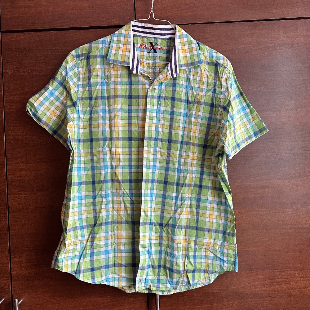 Men's Robert Graham Green Plaid Button Down Short Sleeve Shirt